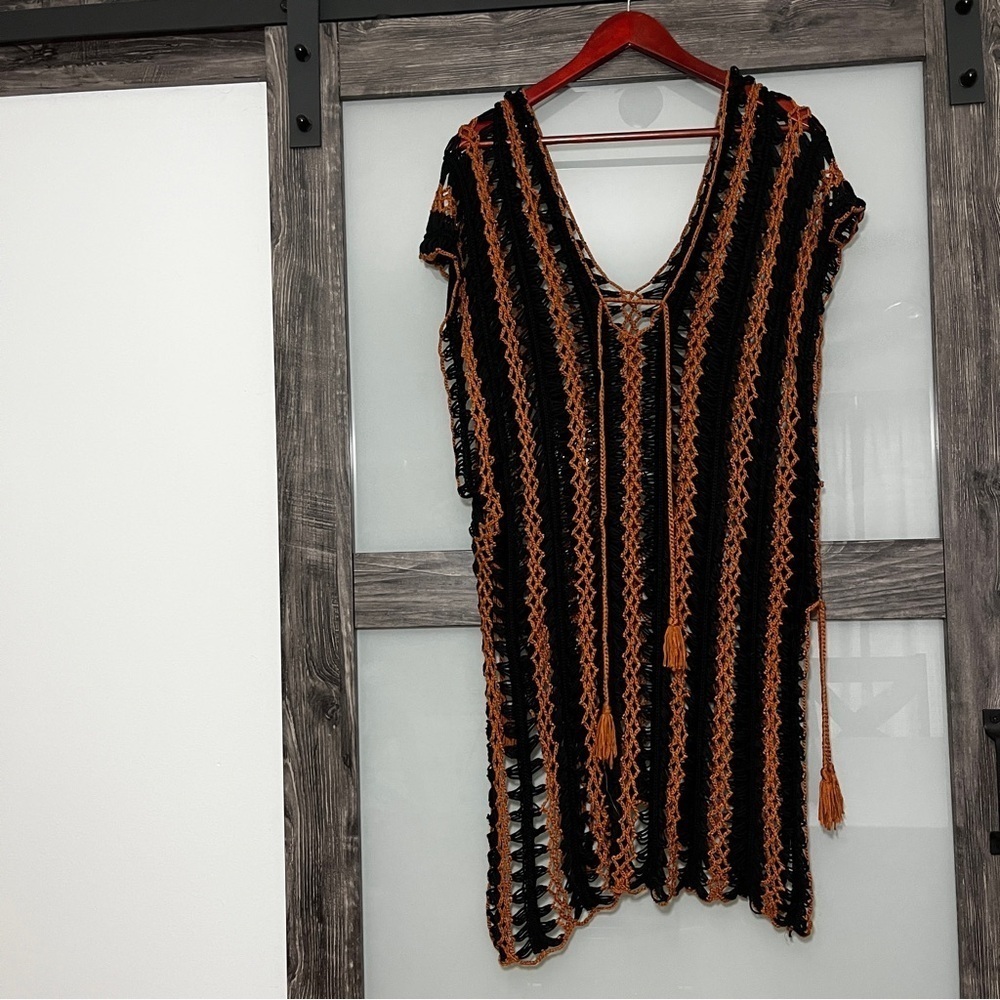 Black and Brown Crochet Swim Cover-Up Boho Gypsy Delicate - Picture 2 of 8